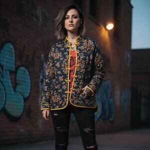 Vintage Navy Blue Quilted Chinoiserie Blazer with Round Buttons